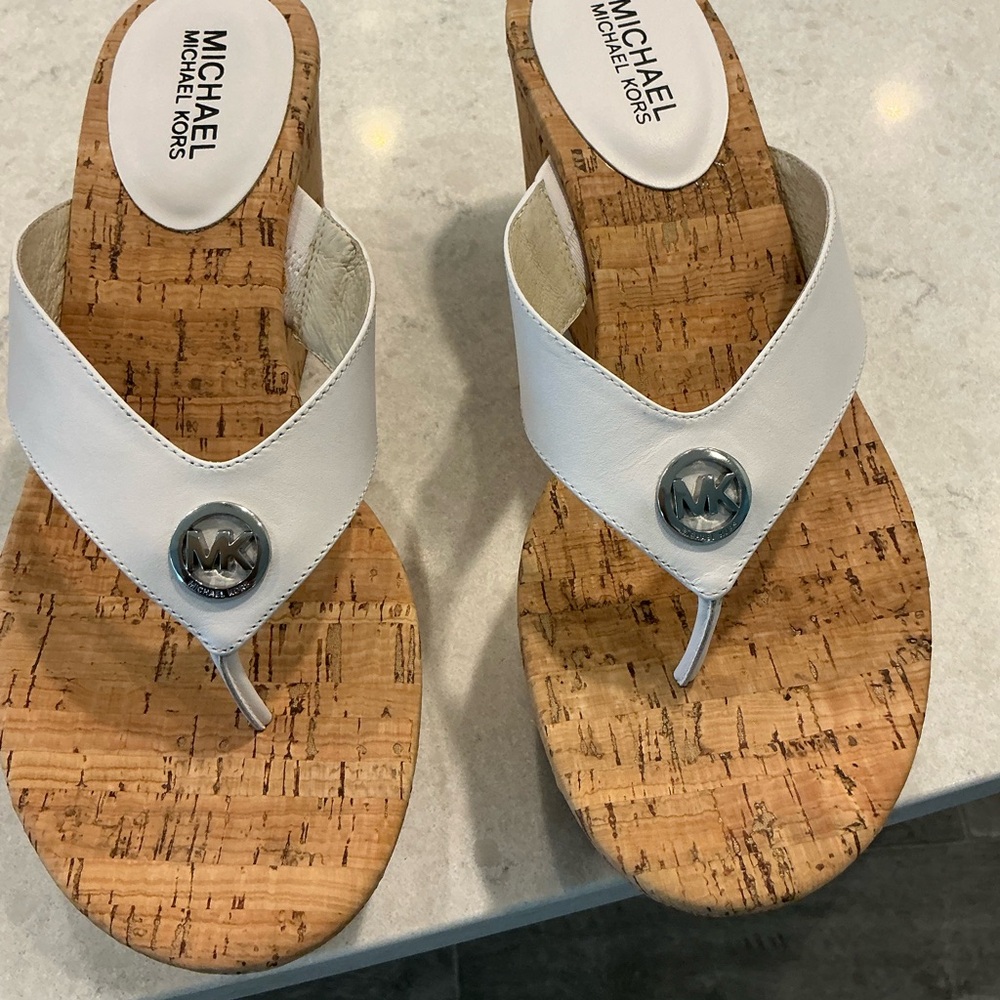 Michael Kors White Leather Cork Thong Sandals with Silver MK Medallion NEW